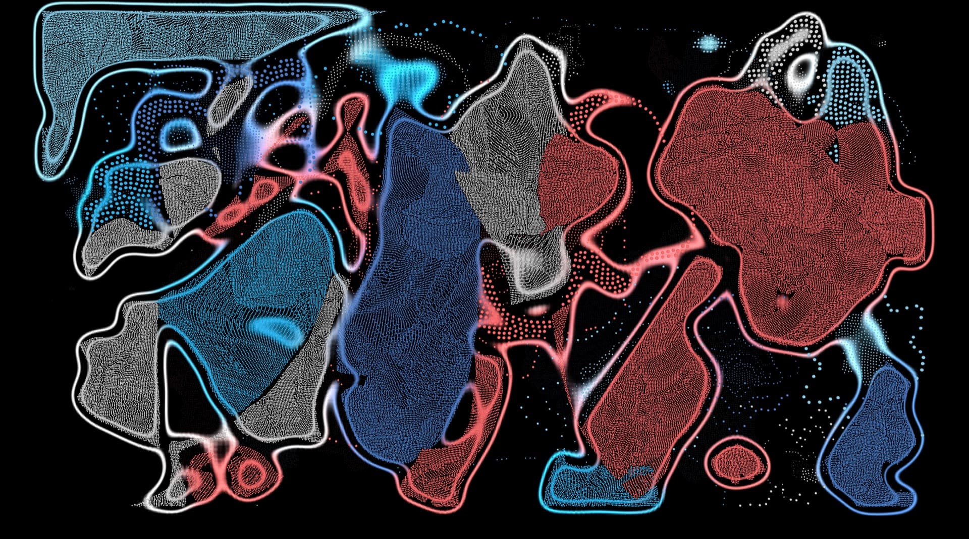 Three Lone Dancer: stippled masses in blue, grey and brick red brushing past each other on black