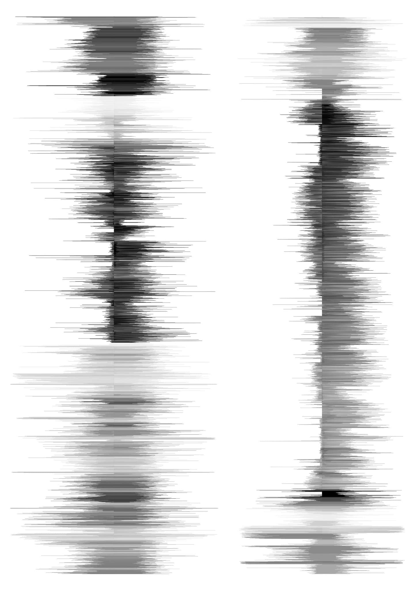Two Shores 01 · artwork render: two columns of heartbeats side by side, split by a pale band